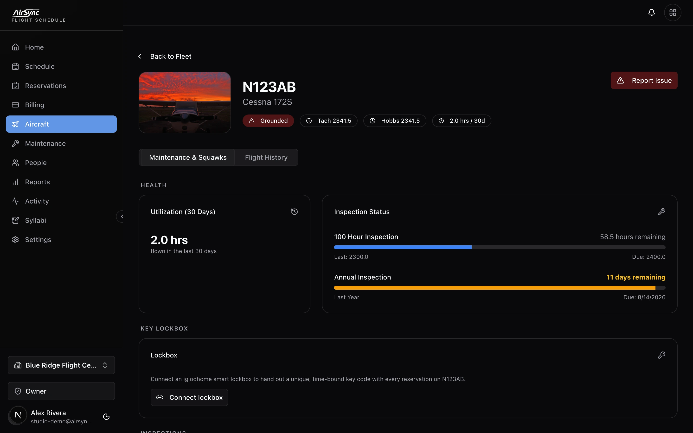 AirSync aircraft detail view, dark theme