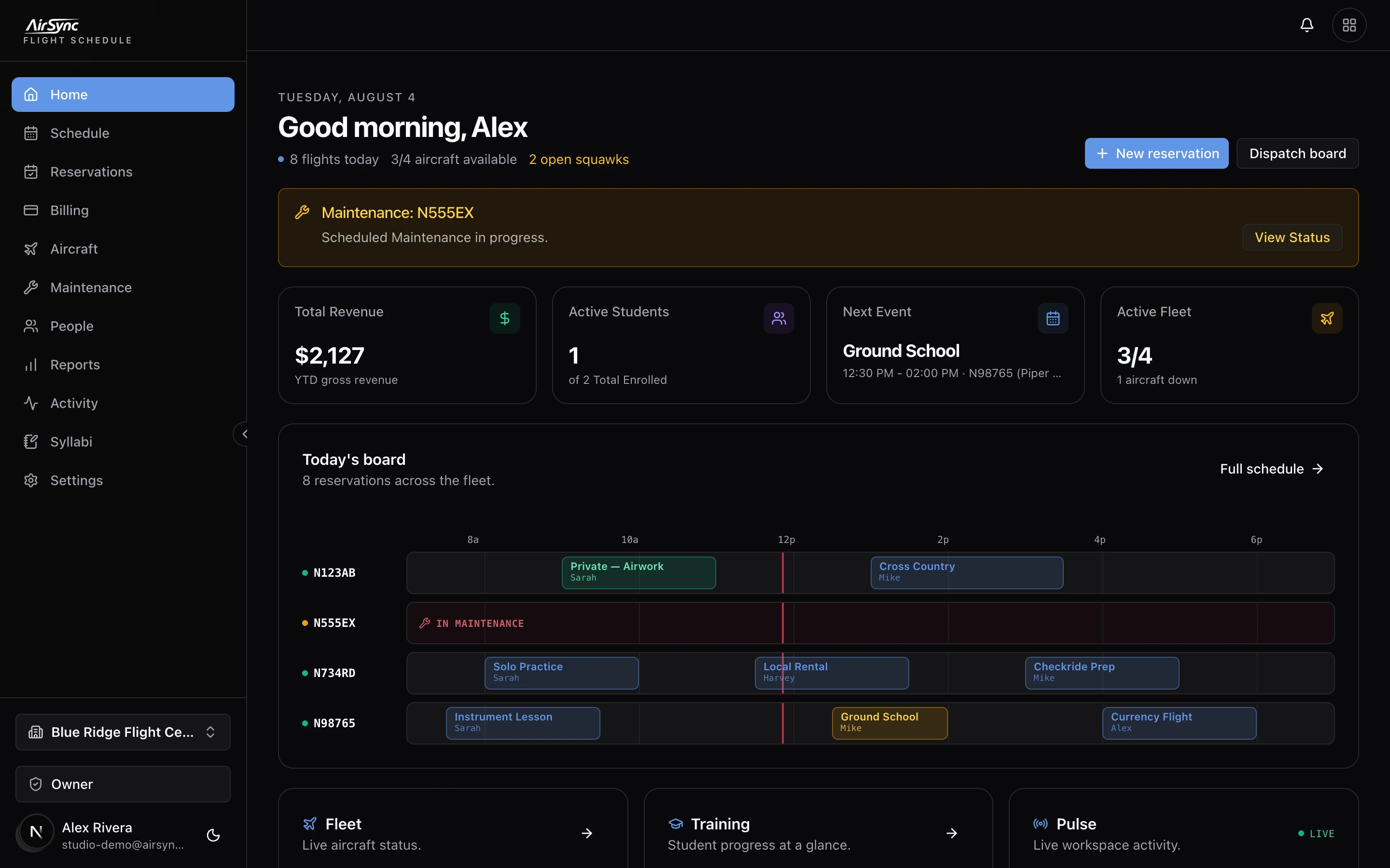 AirSync operations dashboard showing today's board, fleet status, and revenue