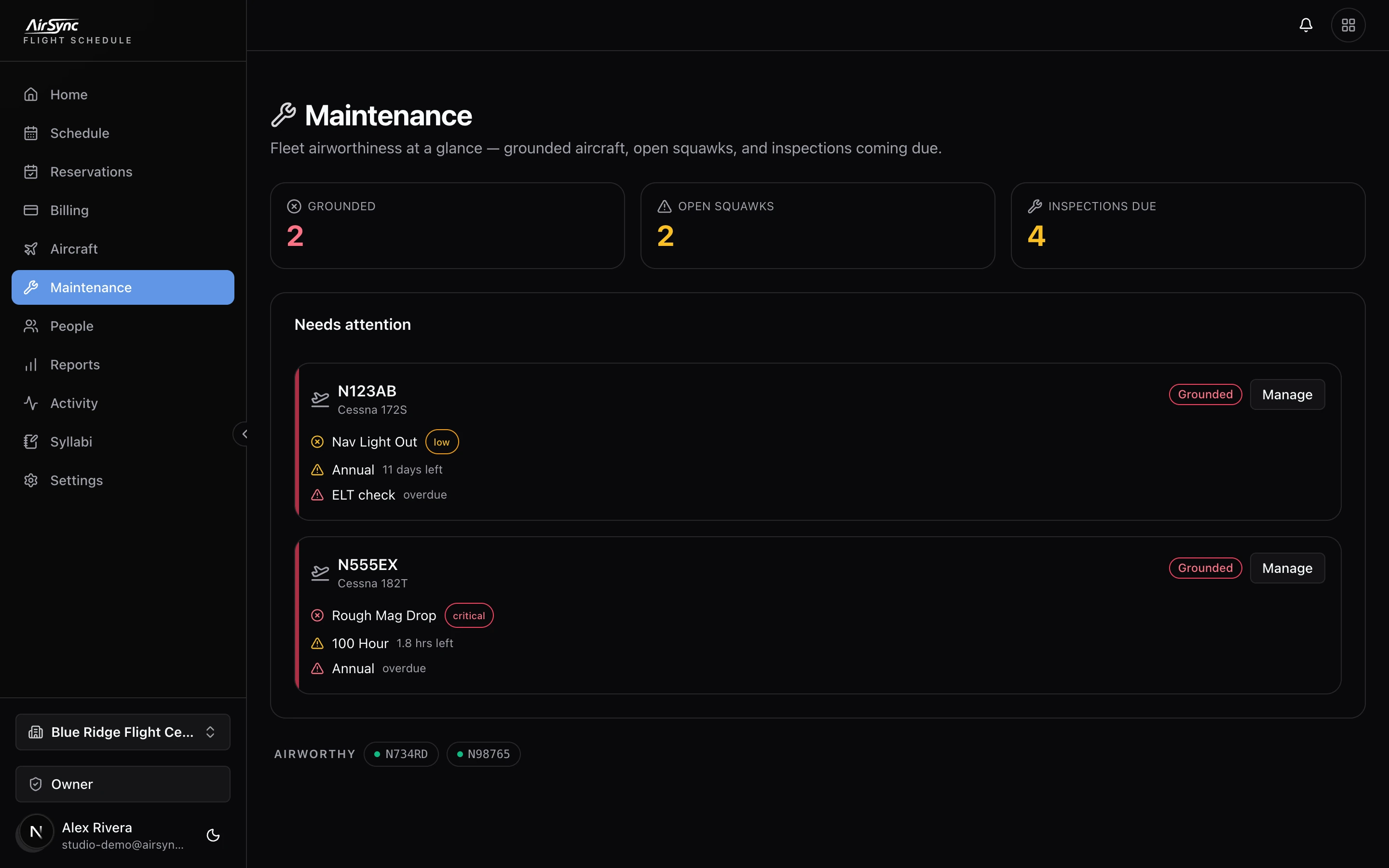 AirSync maintenance tracking and squawks