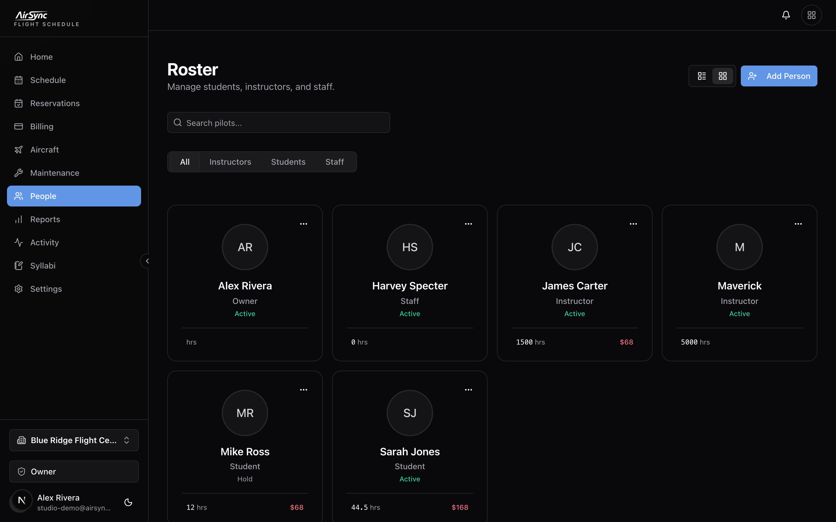 AirSync roster showing owners, instructors, students and their hours