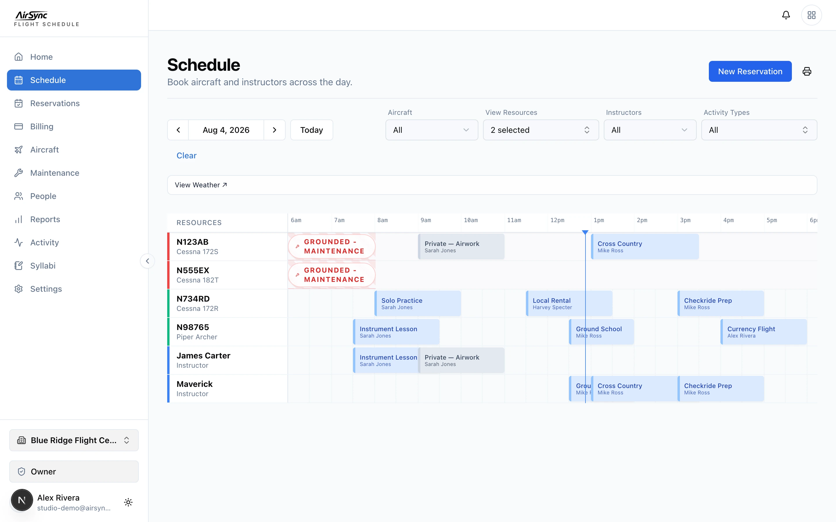 AirSync flight schedule with aircraft and instructor resource rows