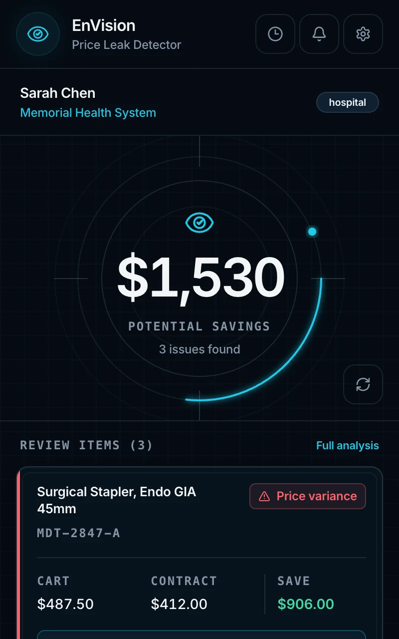 EnVision dashboard showing total potential savings and items to review