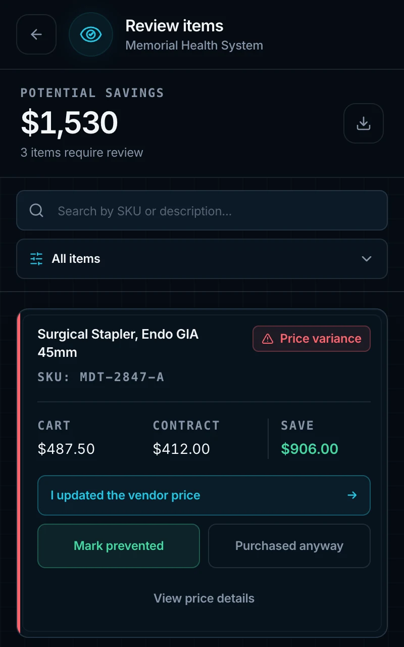 EnVision review list with cart versus contract pricing
