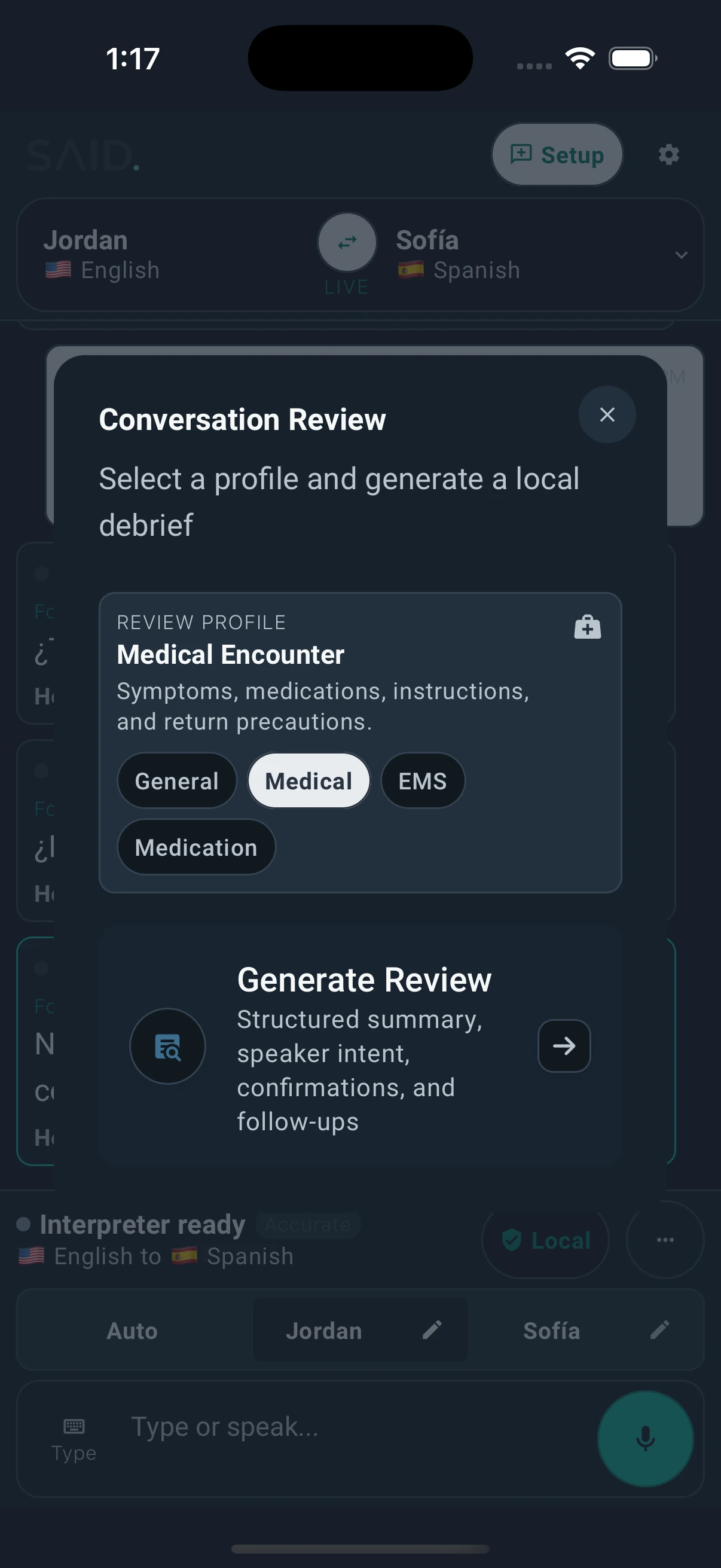 SAID conversation review and patient profile