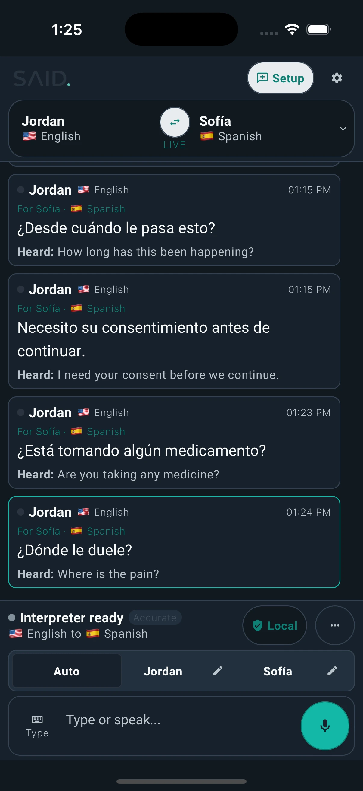 SAID live bilingual transcript with heard-text under each turn