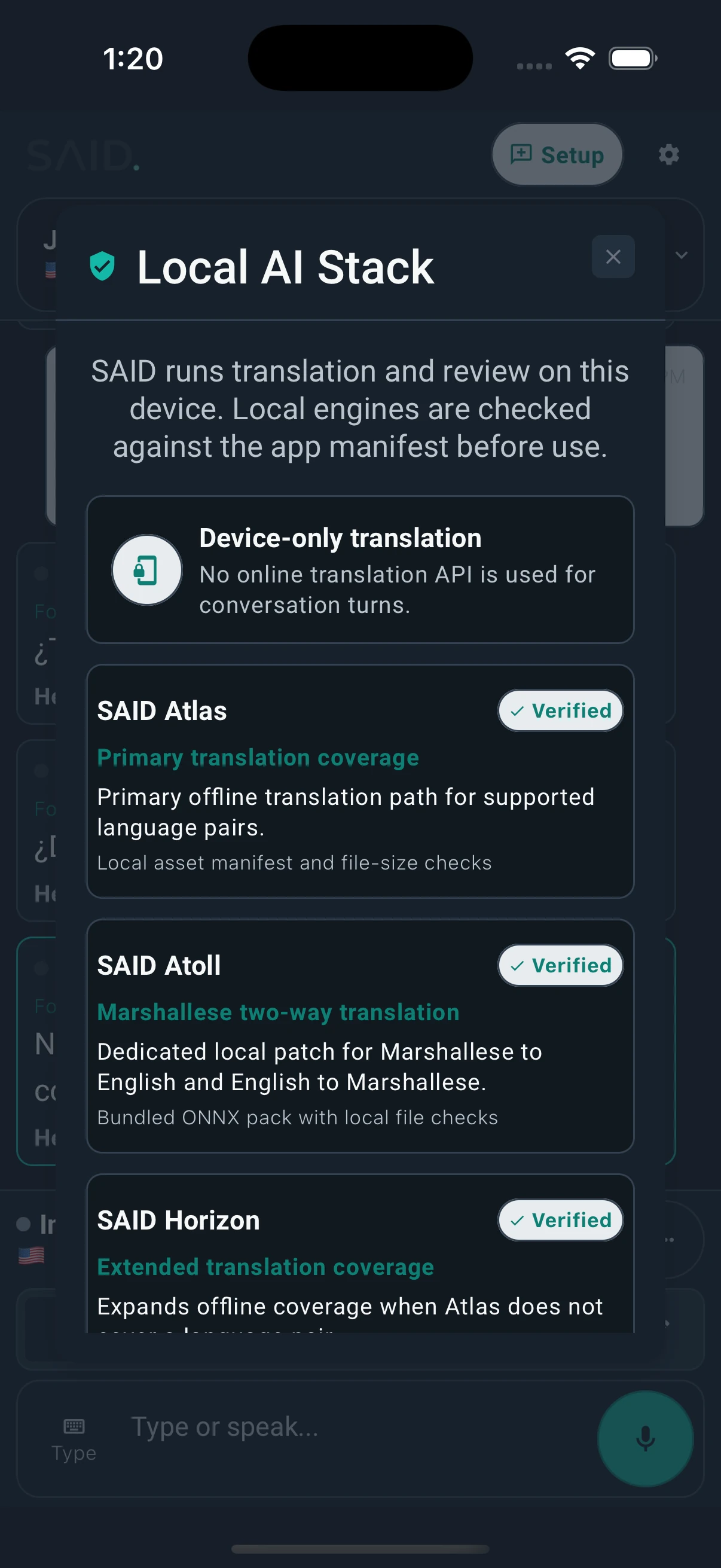 SAID local AI stack showing verified on-device translation engines