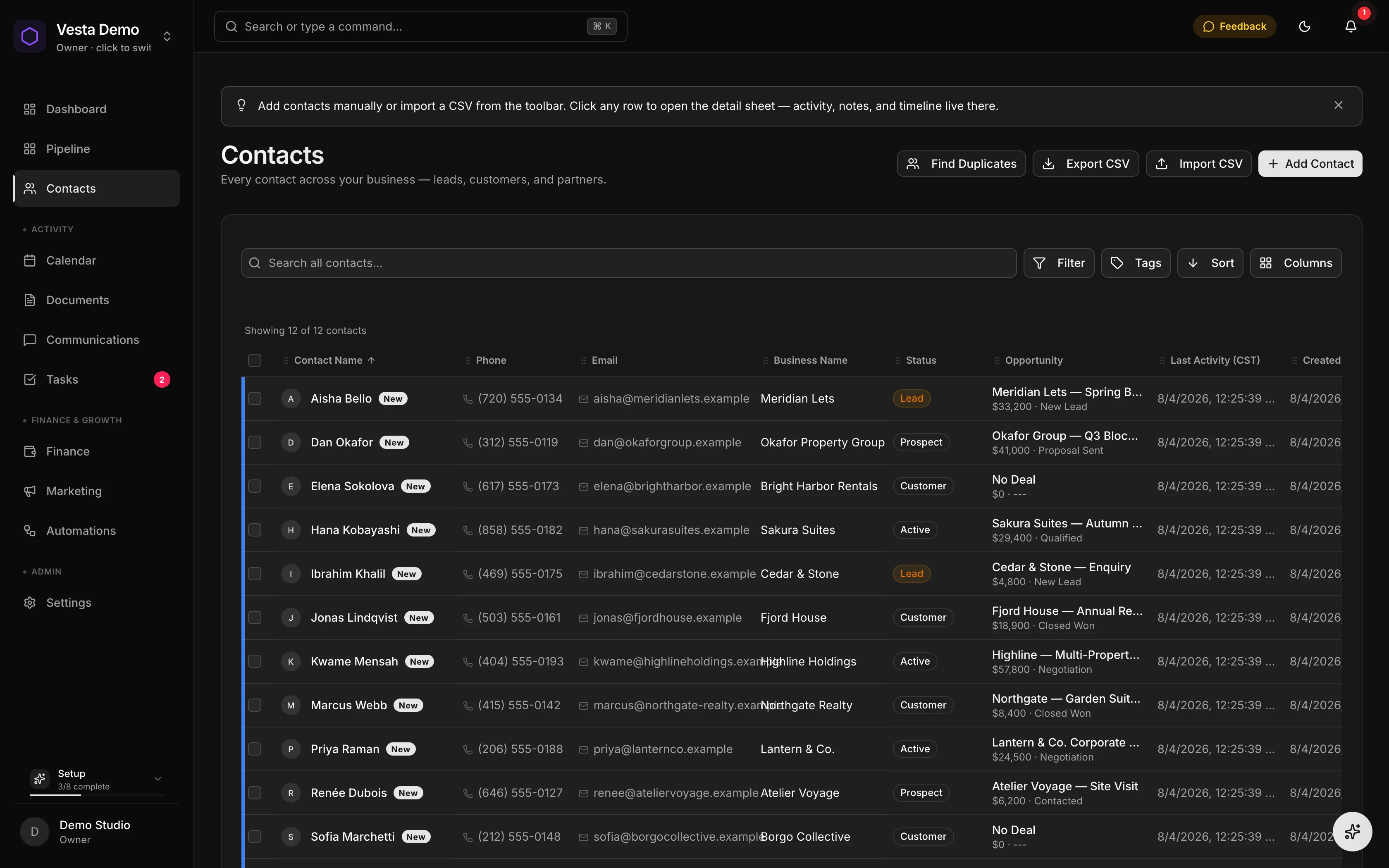 Vesta CRM contacts database with custom fields and tagging