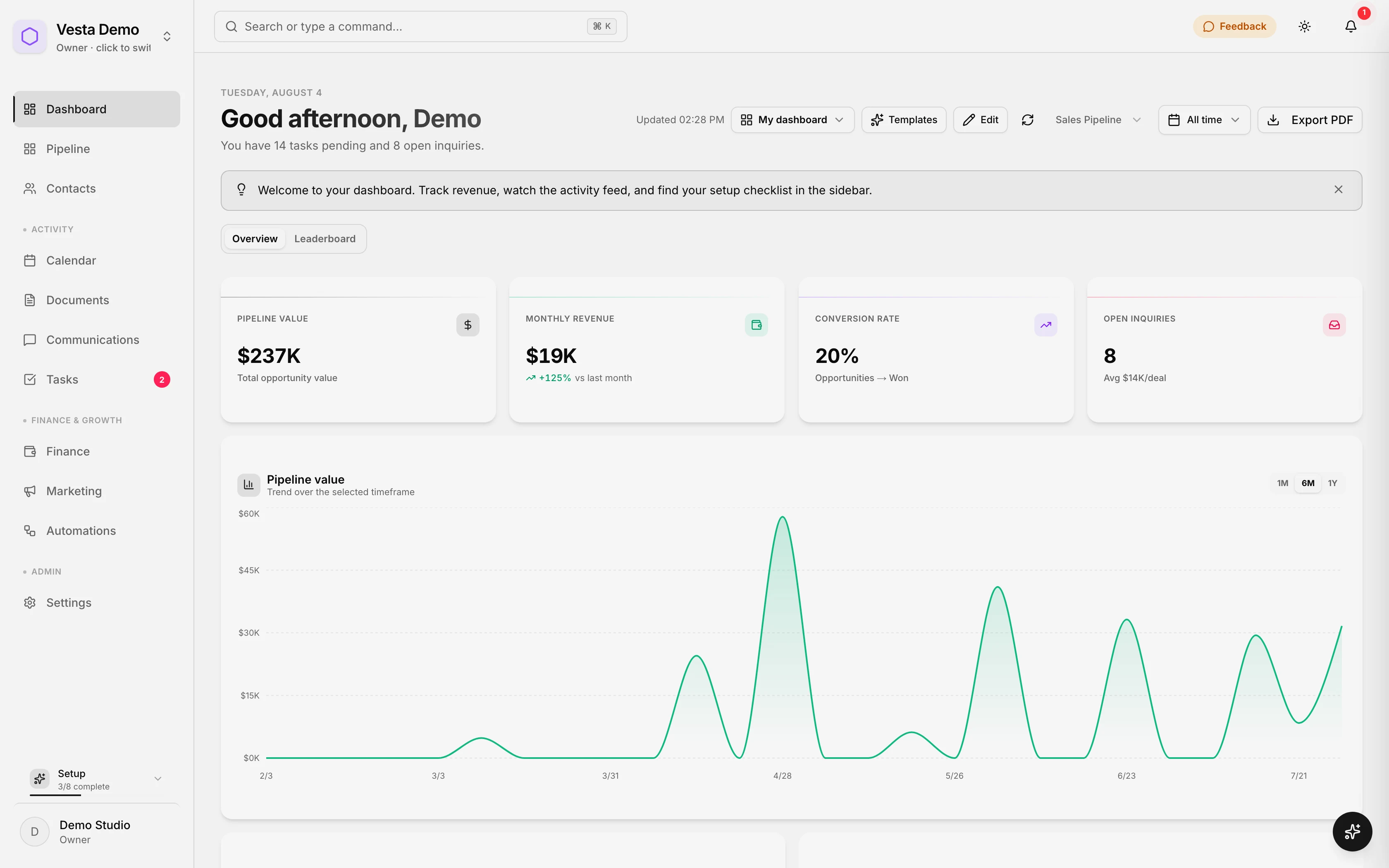 Vesta CRM dashboard, light theme