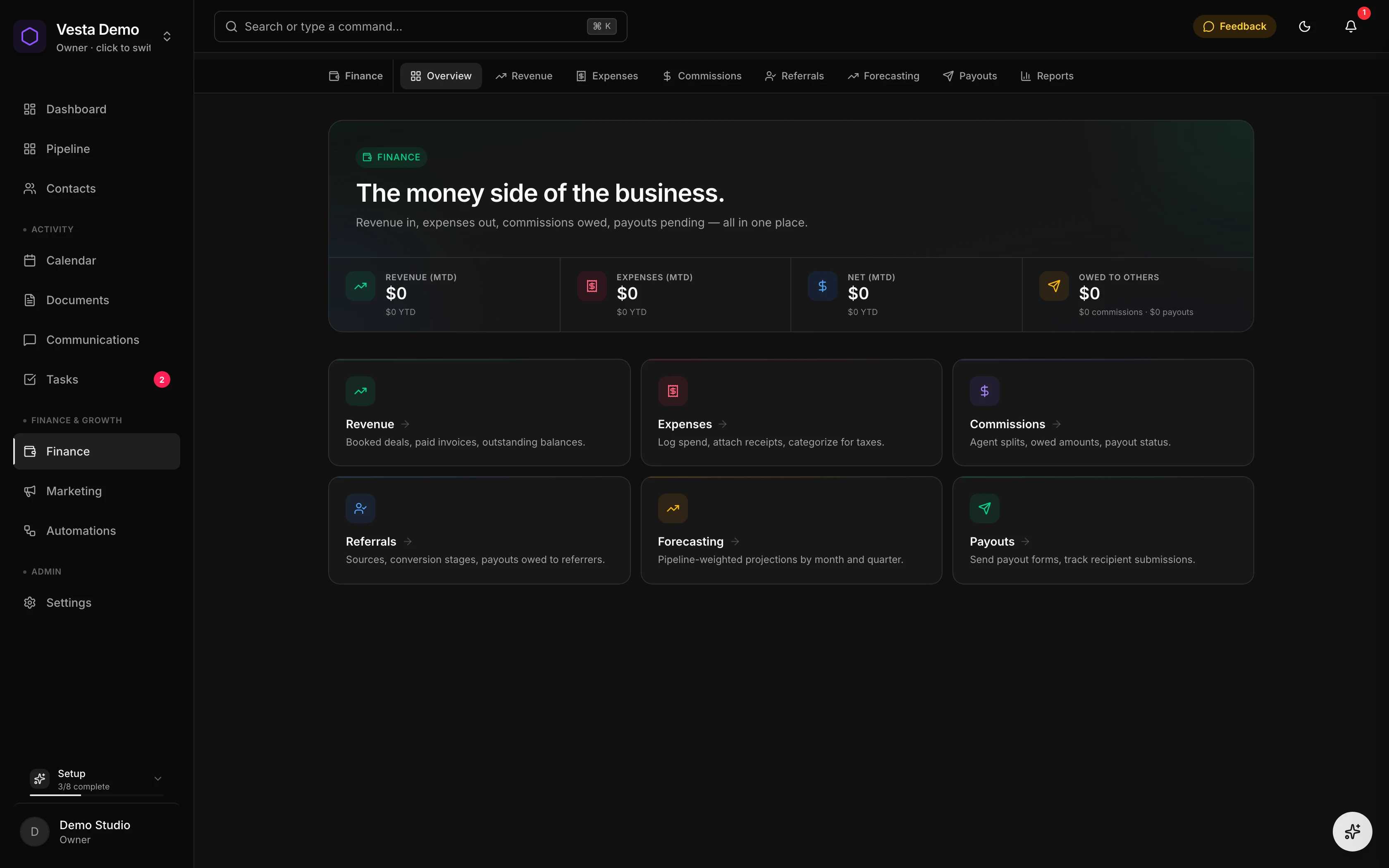 Vesta CRM finance and revenue tracking