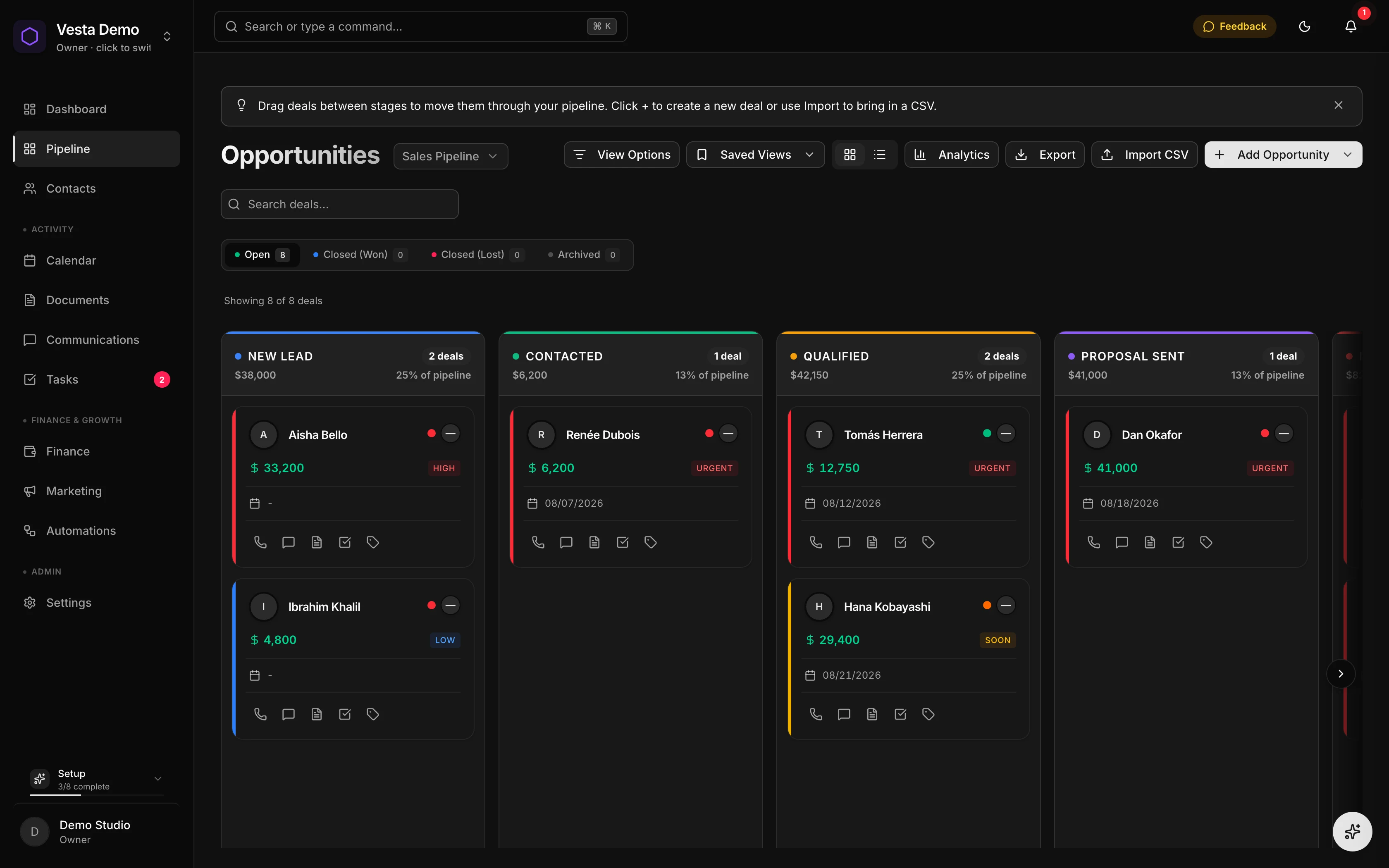 Vesta CRM opportunities board with drag-and-drop deal stages