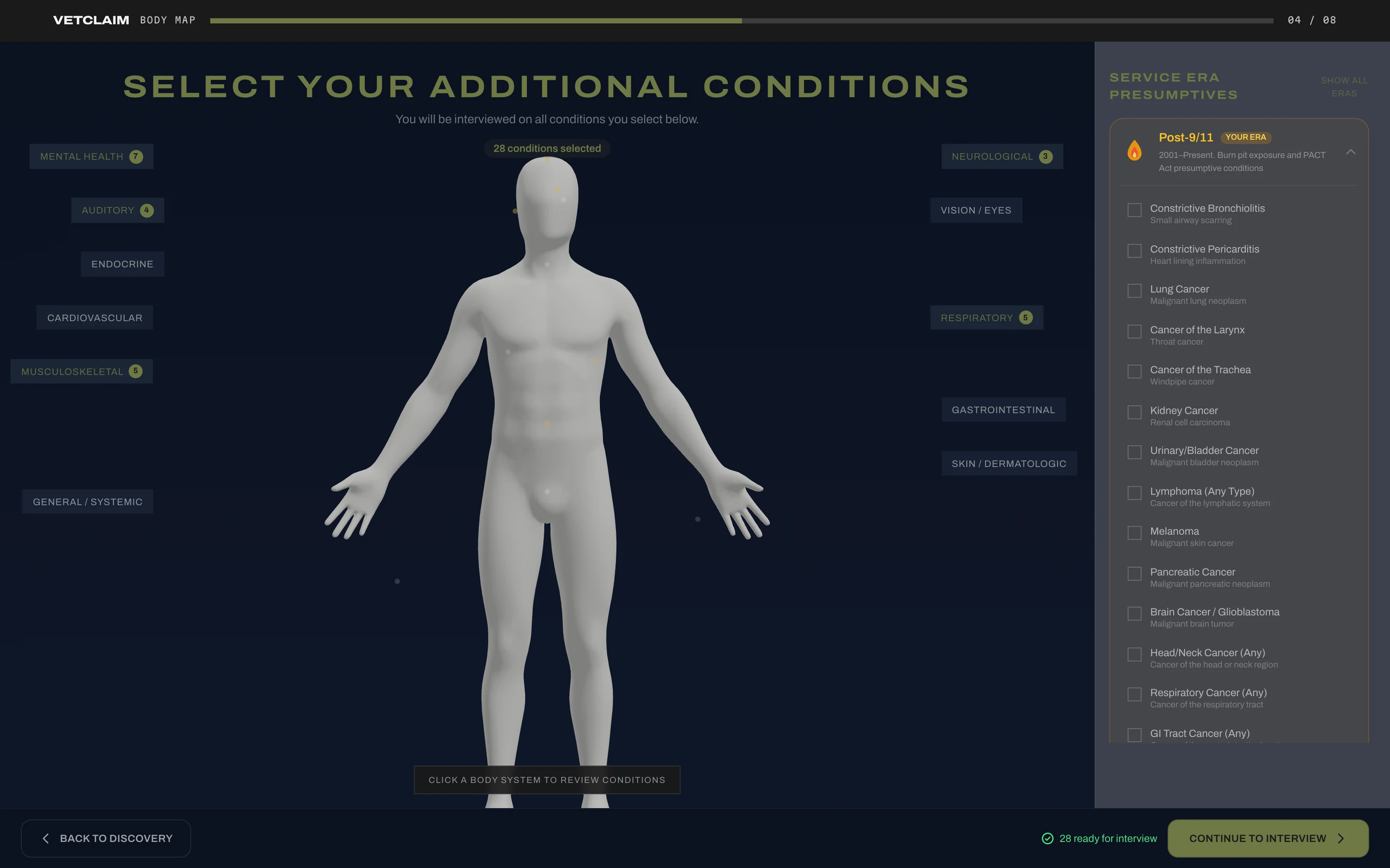 VetClaim Pro anatomical body map for selecting additional conditions