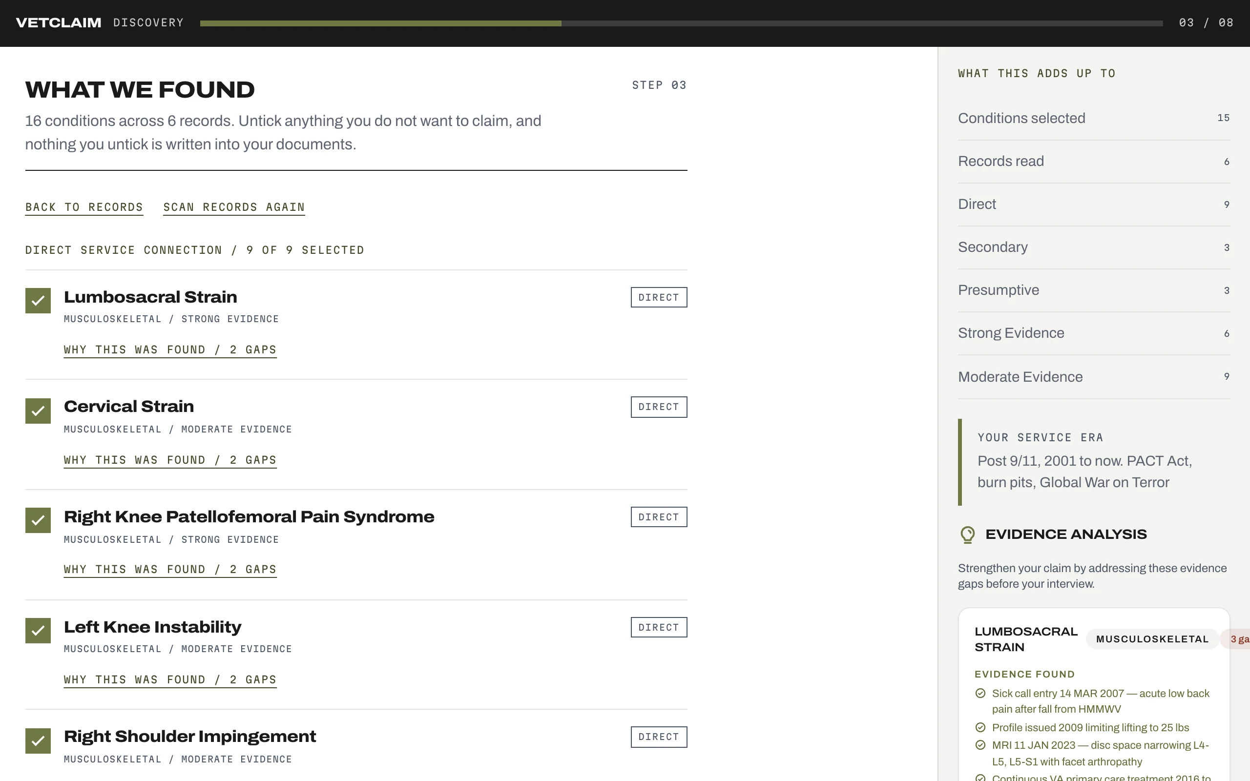 VetClaim Pro discovery step listing conditions found across uploaded records