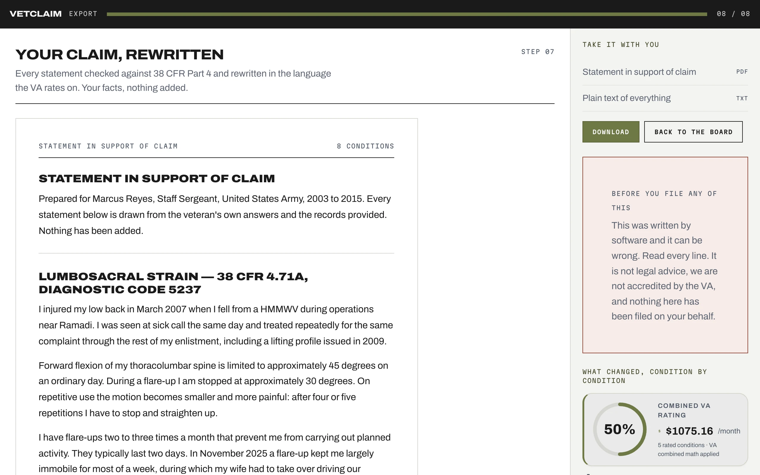 VetClaim Pro exported statement in support of claim
