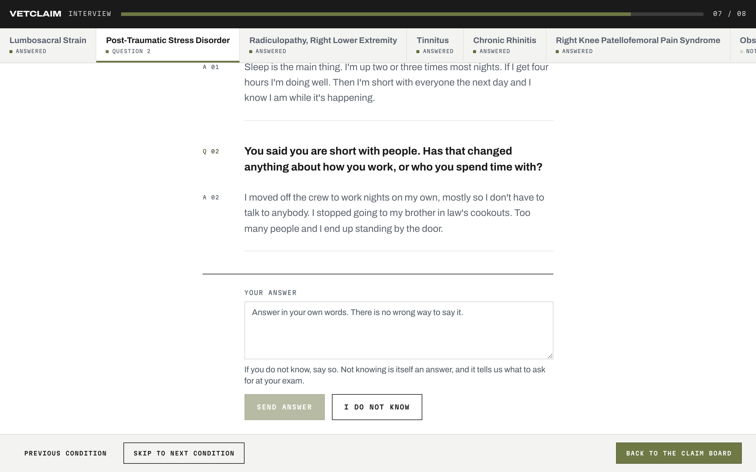 VetClaim Pro structured interview question