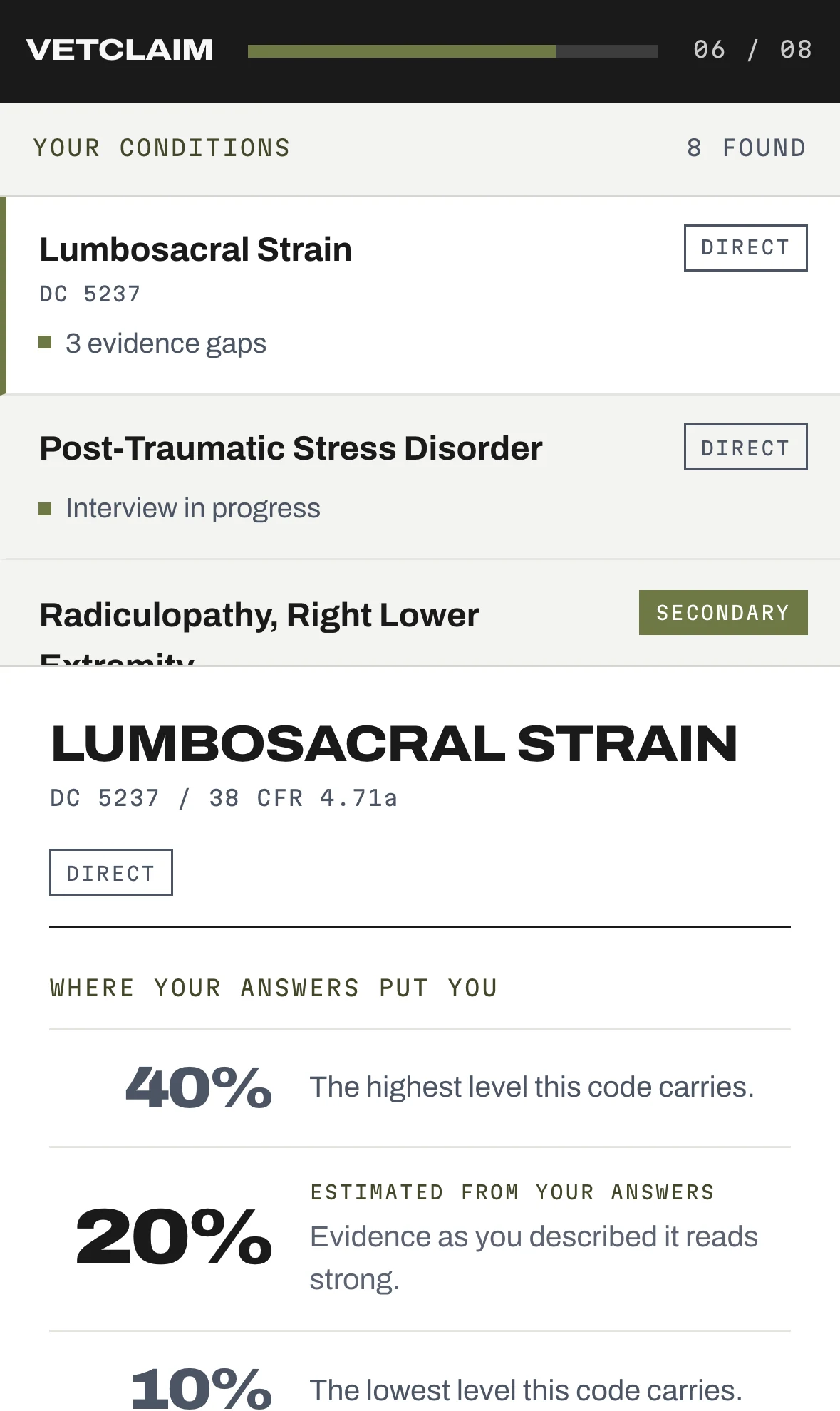 VetClaim Pro review board on mobile