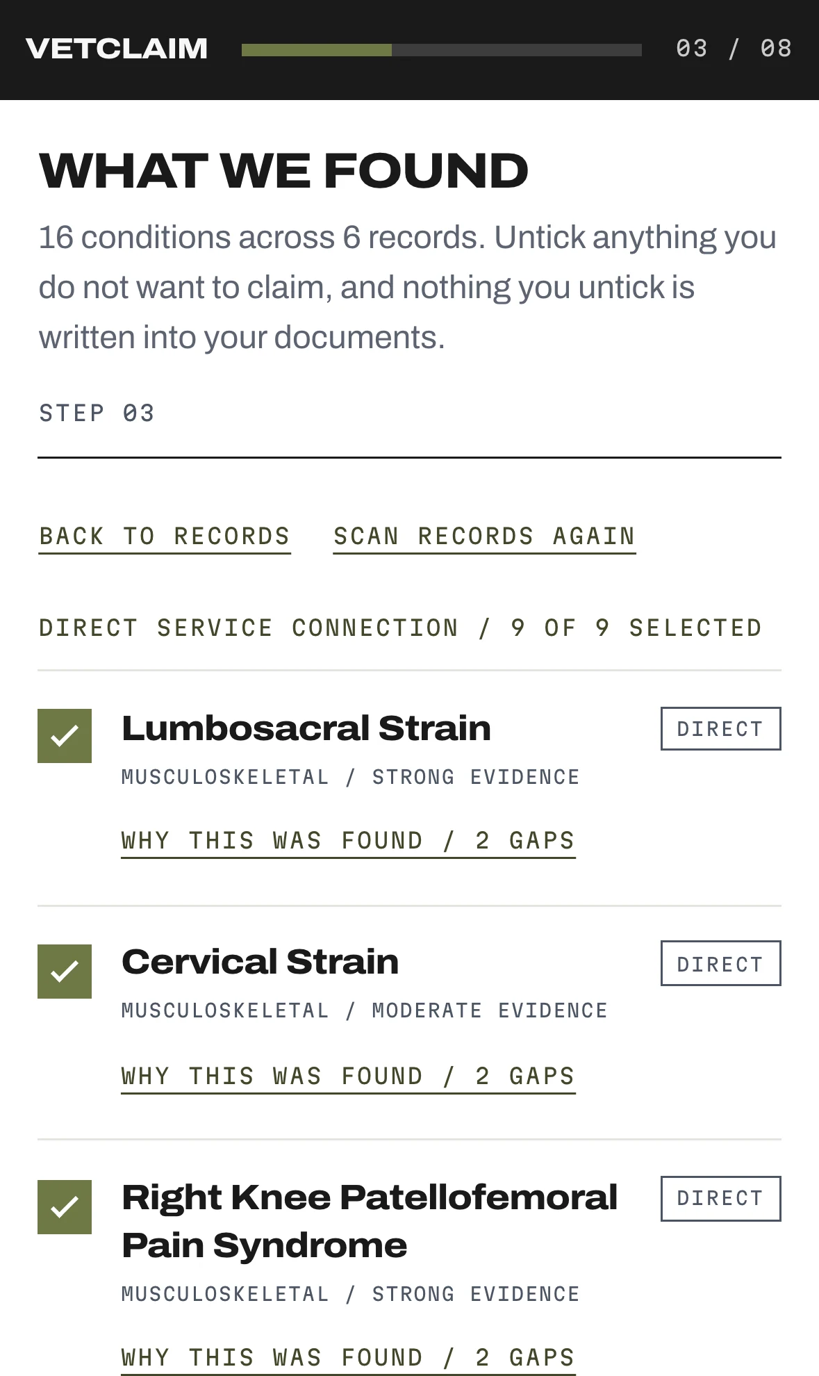 VetClaim Pro discovery step on mobile